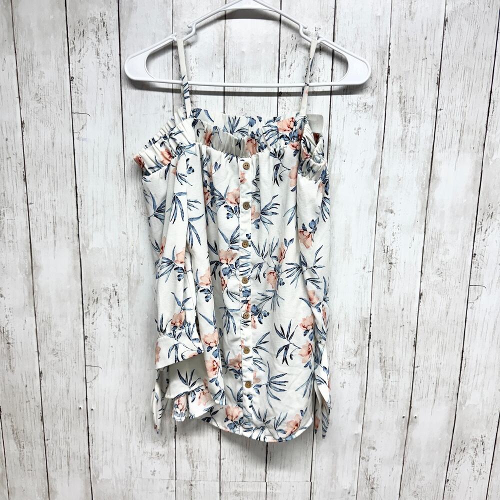 iz Byer Blouse Women Size Medium Button Front Off the Shoulder Top White Floral